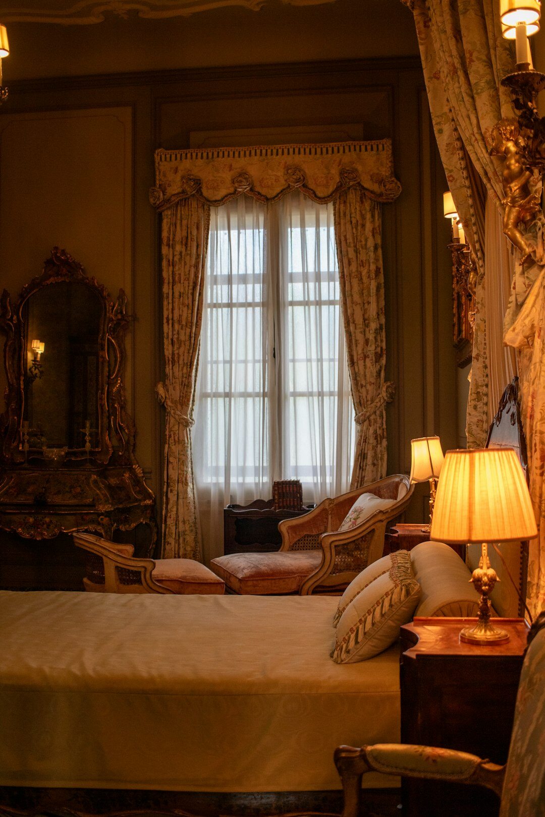 Elegant bedroom with vintage furniture and soft lighting