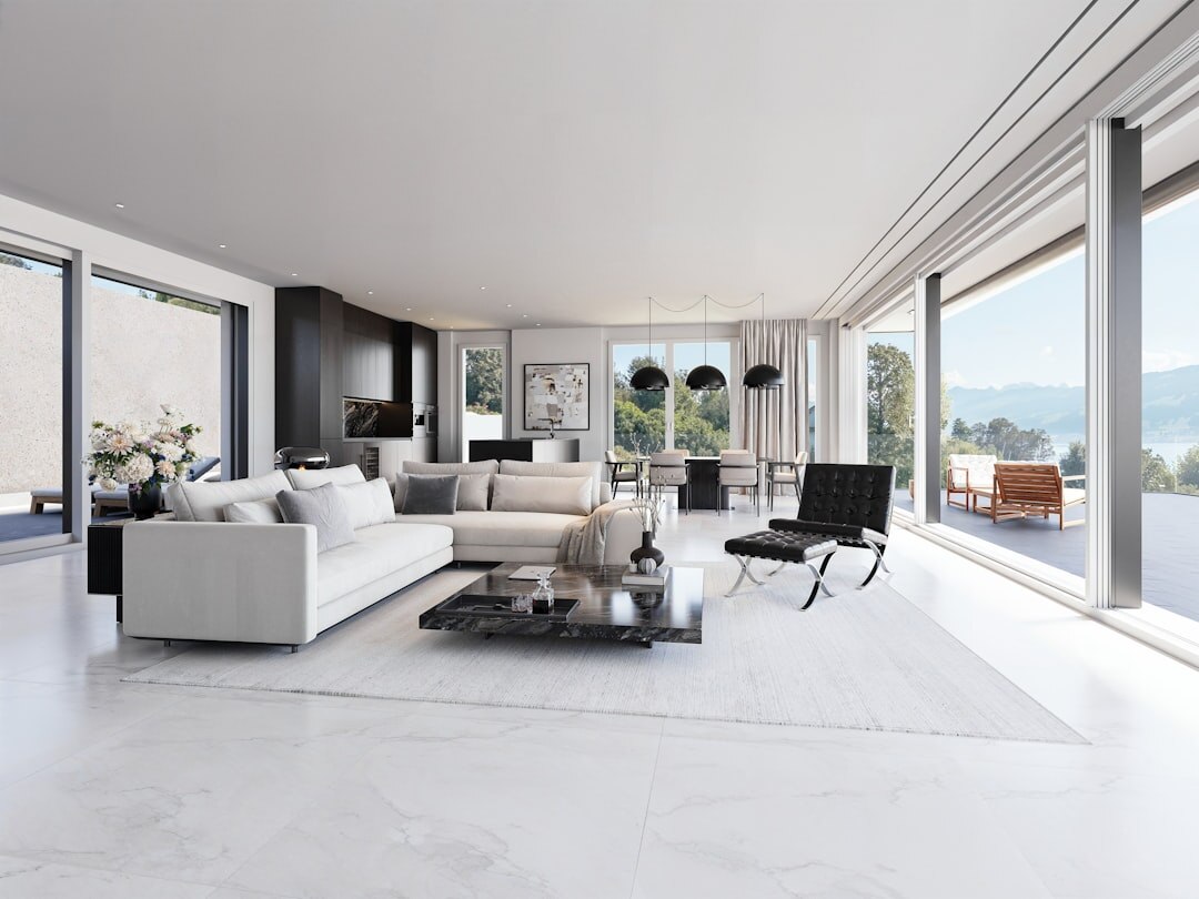 Bright modern villa living room with large windows